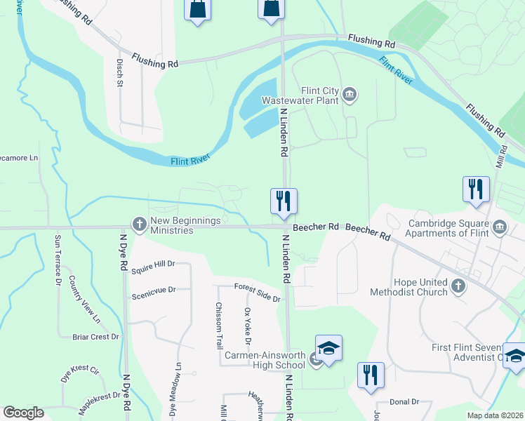 map of restaurants, bars, coffee shops, grocery stores, and more near 5036 Beecher Road in Flint