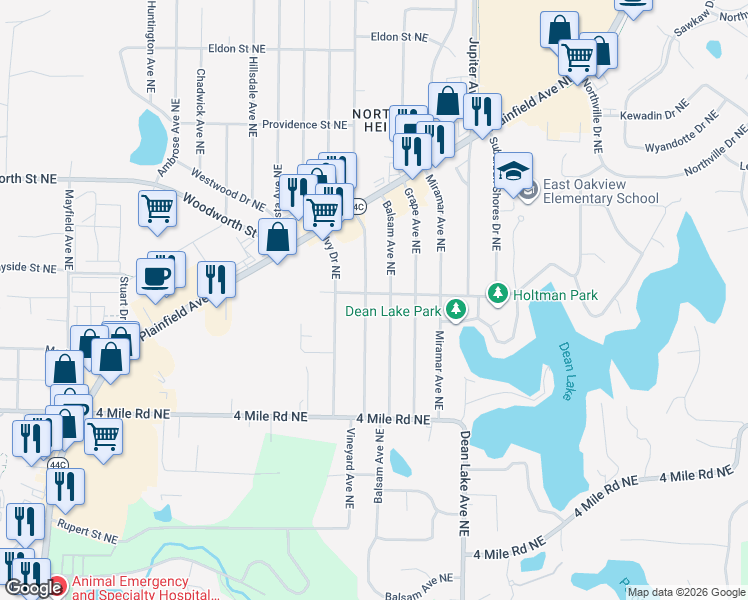 map of restaurants, bars, coffee shops, grocery stores, and more near 2036 Holtman Drive Northeast in Grand Rapids
