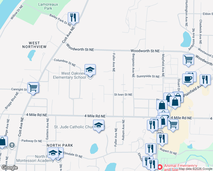 map of restaurants, bars, coffee shops, grocery stores, and more near 3737 Fitzhugh Avenue Northeast in Grand Rapids