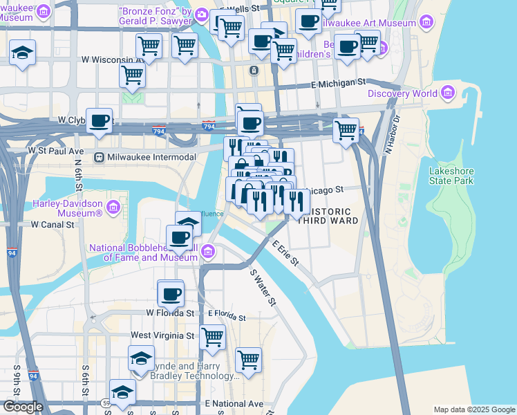 map of restaurants, bars, coffee shops, grocery stores, and more near 177 North Broadway in Milwaukee