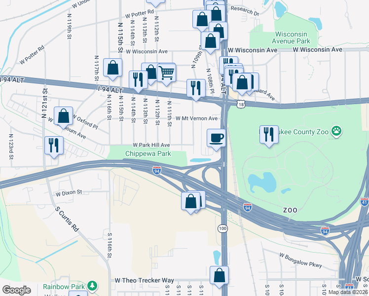 map of restaurants, bars, coffee shops, grocery stores, and more near 155 North 110th Street in Wauwatosa