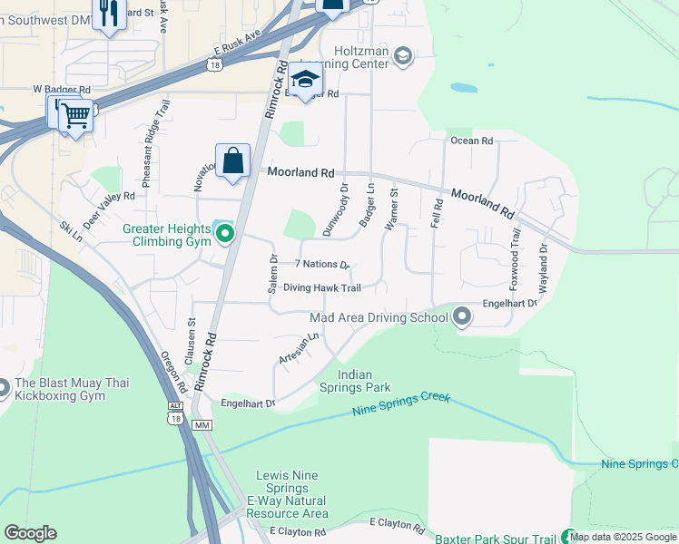 map of restaurants, bars, coffee shops, grocery stores, and more near 609 7 Nations Drive in Madison