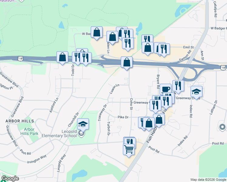map of restaurants, bars, coffee shops, grocery stores, and more near 2127 Luann Lane in Madison