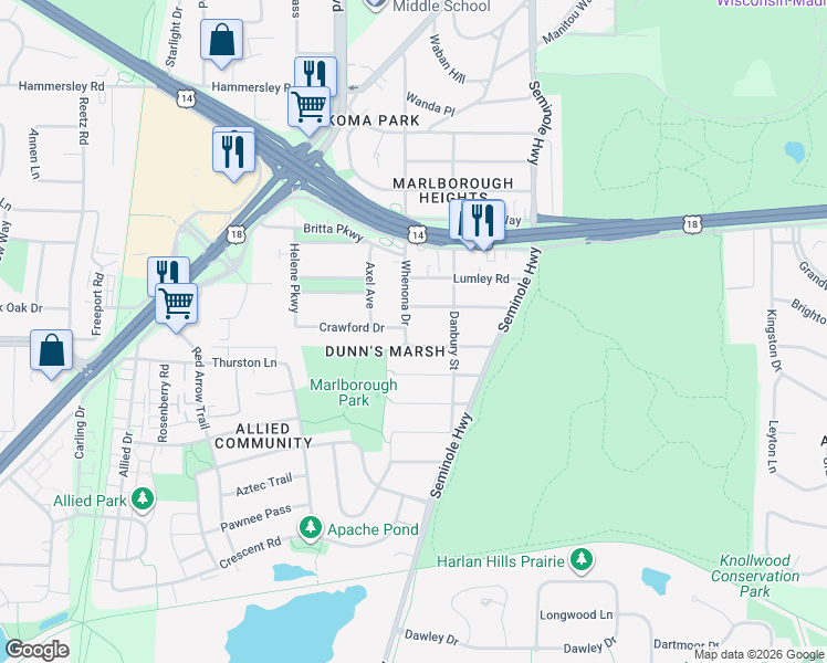 map of restaurants, bars, coffee shops, grocery stores, and more near 4326 Milford Road in Madison