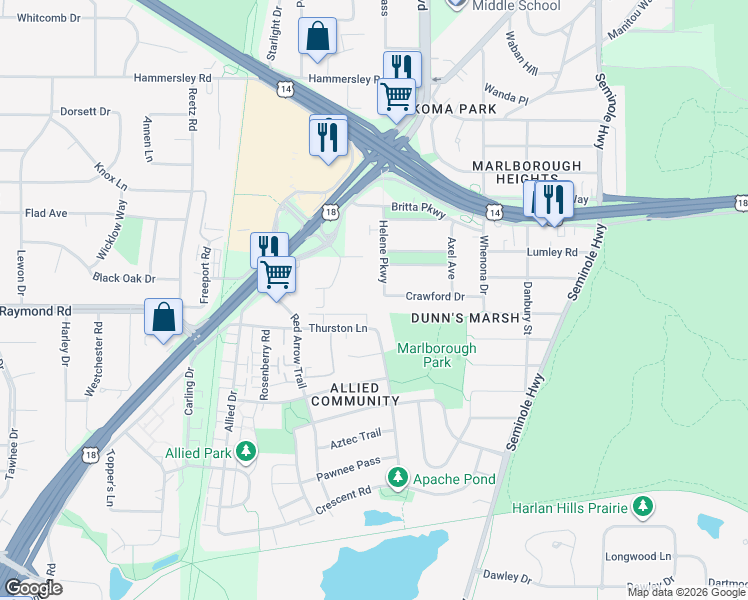 map of restaurants, bars, coffee shops, grocery stores, and more near 4637 Atticus Way in Madison