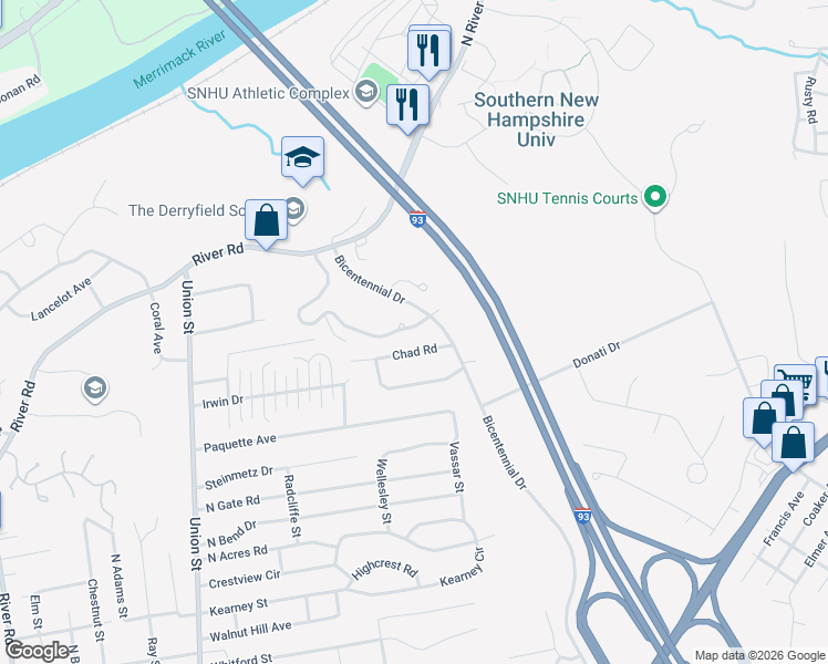 map of restaurants, bars, coffee shops, grocery stores, and more near 375 Chase Way in Manchester