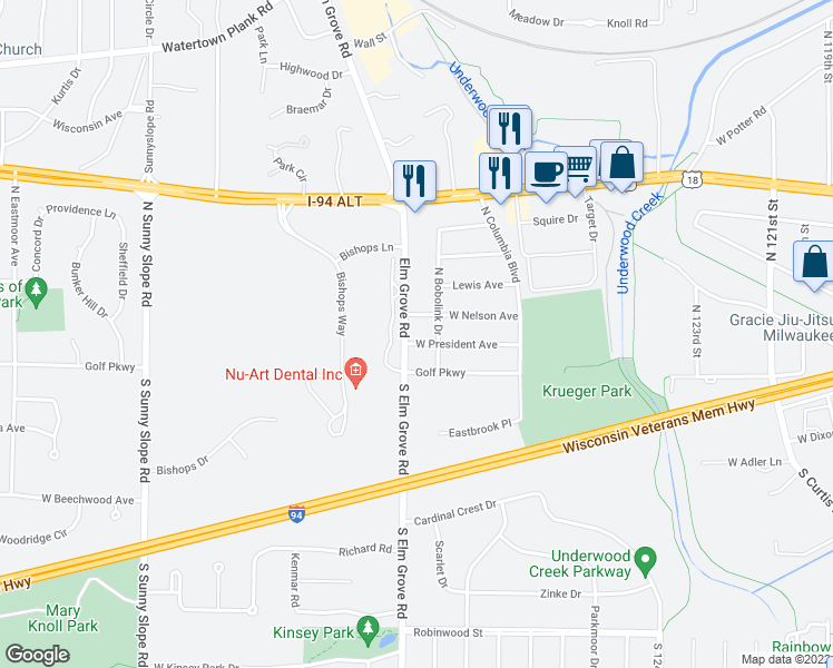 map of restaurants, bars, coffee shops, grocery stores, and more near 180 Elm Grove Road in Brookfield