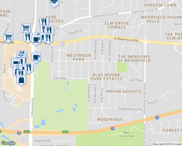 map of restaurants, bars, coffee shops, grocery stores, and more near 120 North Rosedale Drive in Brookfield