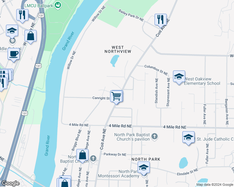 map of restaurants, bars, coffee shops, grocery stores, and more near 700 Grand Woods Court Northeast in Grand Rapids