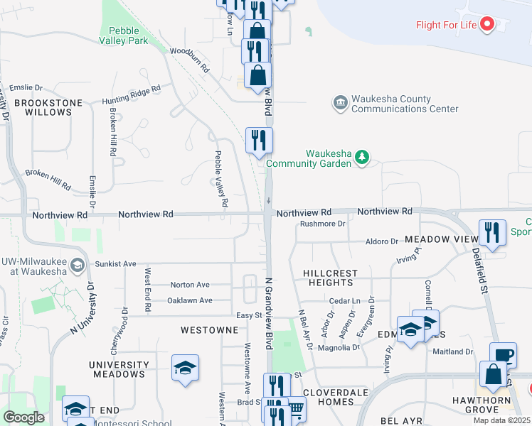 map of restaurants, bars, coffee shops, grocery stores, and more near N Grandview Blvd & Northview Rd in Waukesha