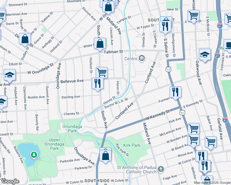 map of restaurants, bars, coffee shops, grocery stores, and more near 132 Huron Street in Syracuse