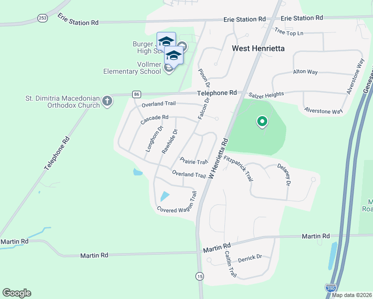 map of restaurants, bars, coffee shops, grocery stores, and more near 77 Falcon Drive in West Henrietta