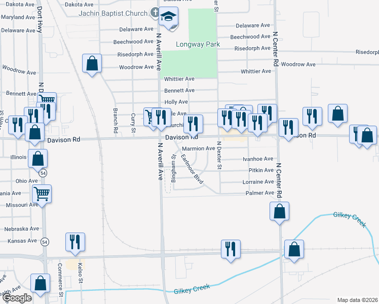 map of restaurants, bars, coffee shops, grocery stores, and more near 1710 Earlmoor Boulevard in Flint