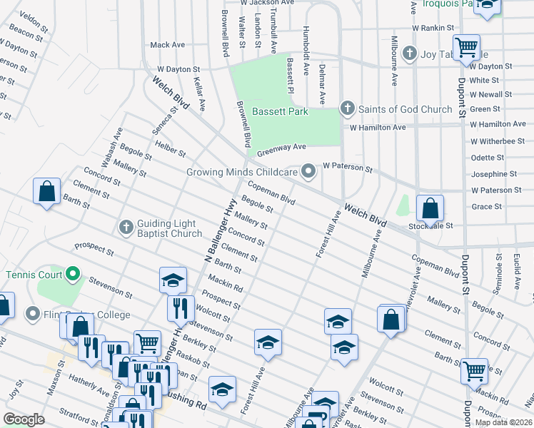 map of restaurants, bars, coffee shops, grocery stores, and more near 2824 Mallery Street in Flint