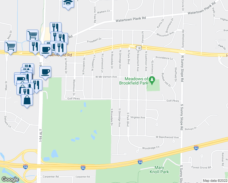 map of restaurants, bars, coffee shops, grocery stores, and more near 120 North Rosedale Drive in Brookfield