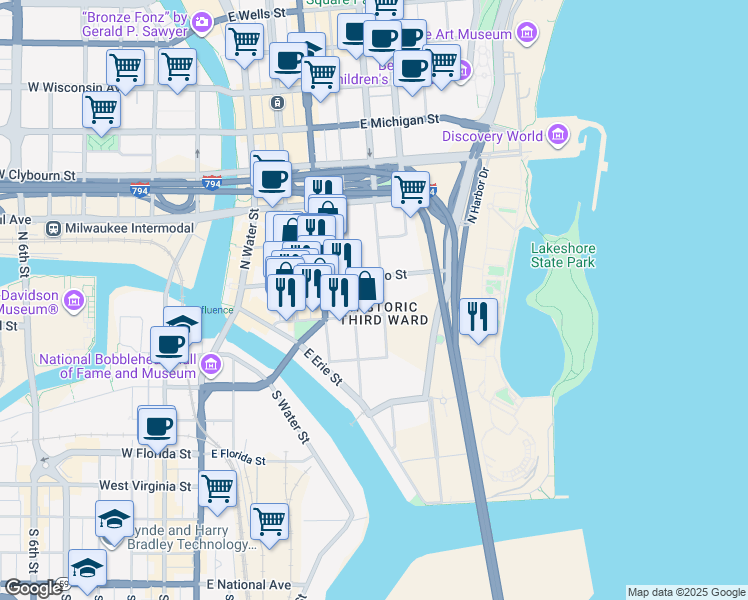 map of restaurants, bars, coffee shops, grocery stores, and more near 159 North Jackson Street in Milwaukee