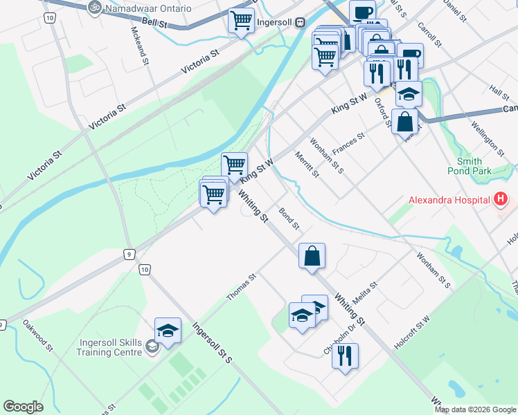 map of restaurants, bars, coffee shops, grocery stores, and more near 137 Whiting Street in Ingersoll