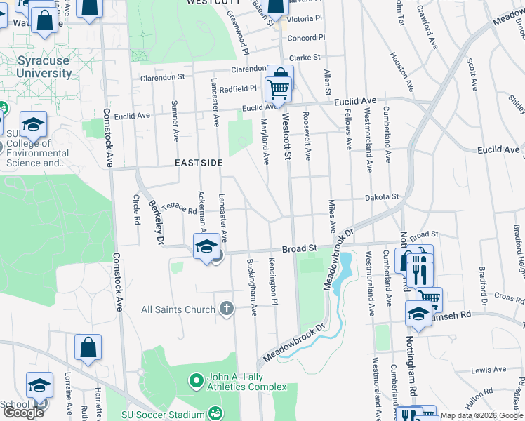 map of restaurants, bars, coffee shops, grocery stores, and more near 317 Kensington Road in Syracuse
