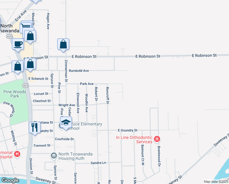 map of restaurants, bars, coffee shops, grocery stores, and more near 16 Hamilton Court in North Tonawanda