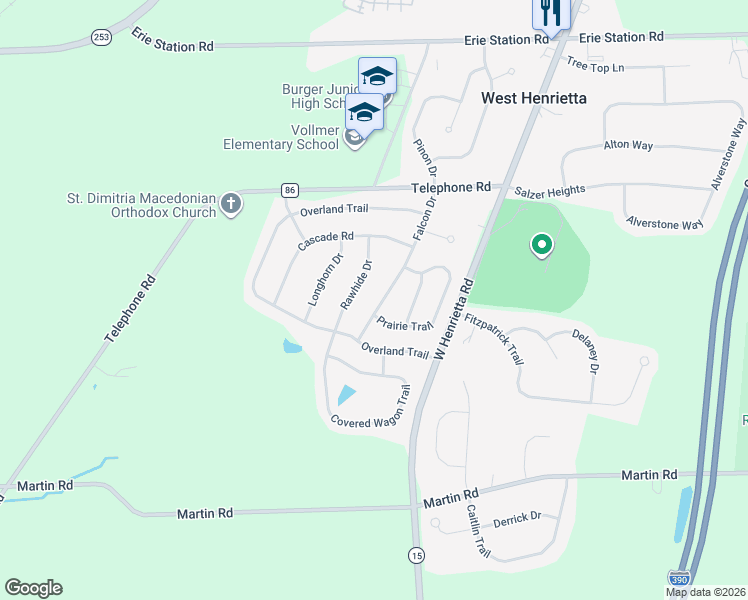 map of restaurants, bars, coffee shops, grocery stores, and more near 77 Falcon Drive in West Henrietta