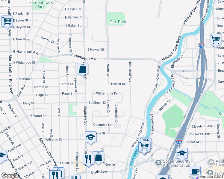 map of restaurants, bars, coffee shops, grocery stores, and more near 1705 Wilberforce Circle in Flint