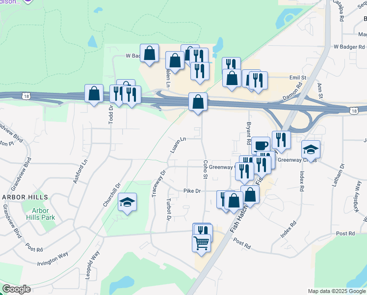 map of restaurants, bars, coffee shops, grocery stores, and more near 2127 Luann Lane in Madison