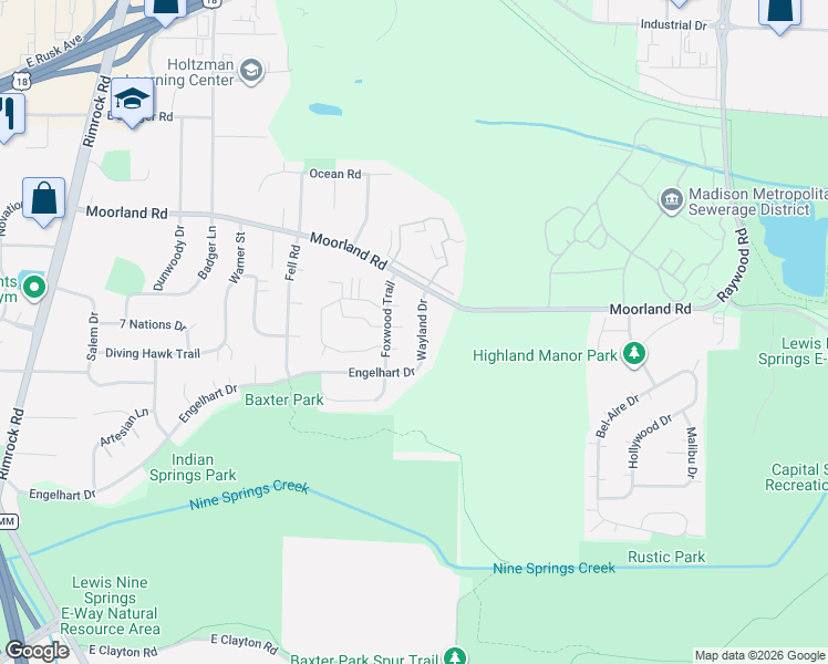 map of restaurants, bars, coffee shops, grocery stores, and more near 2937 Foxwood Trail in Madison