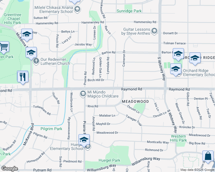 map of restaurants, bars, coffee shops, grocery stores, and more near 6014 Raymond Road in Madison