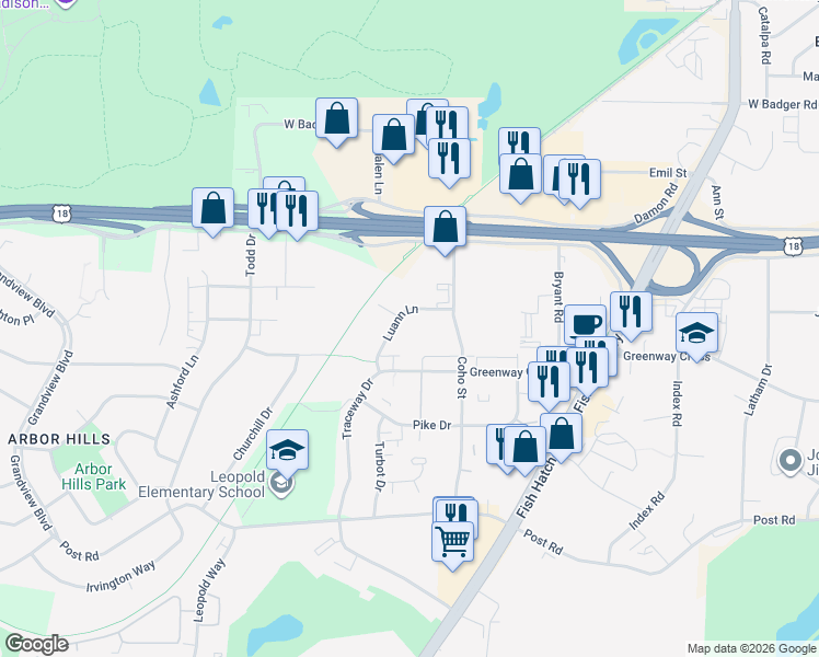 map of restaurants, bars, coffee shops, grocery stores, and more near 2127 Luann Lane in Madison