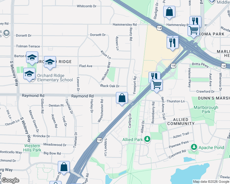 map of restaurants, bars, coffee shops, grocery stores, and more near 4918 Raymond Road in Madison