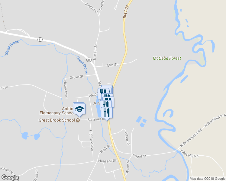 map of restaurants, bars, coffee shops, grocery stores, and more near 7 Concord Street in Antrim