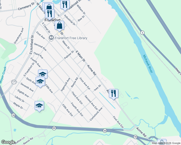 map of restaurants, bars, coffee shops, grocery stores, and more near 4178 Acme Road in Frankfort