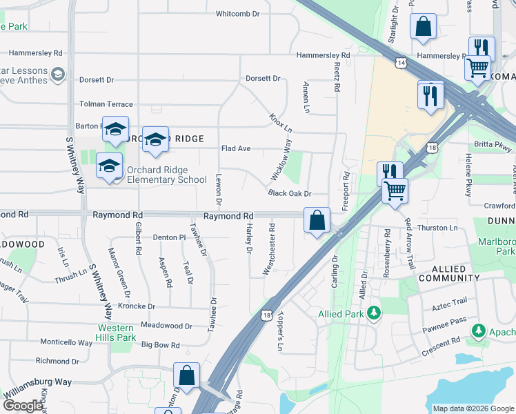 map of restaurants, bars, coffee shops, grocery stores, and more near 5014 Raymond Rd in Madison