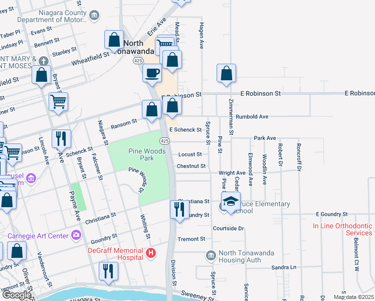 map of restaurants, bars, coffee shops, grocery stores, and more near 544 Locust Street in North Tonawanda
