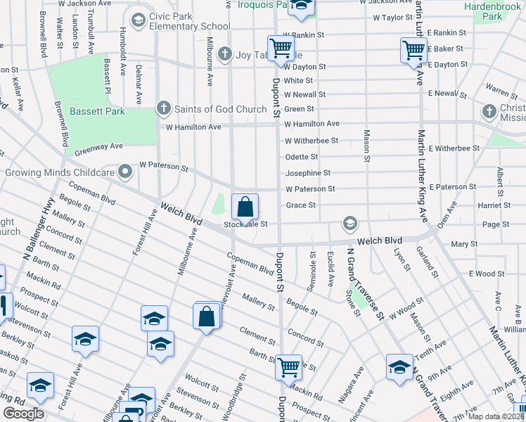 map of restaurants, bars, coffee shops, grocery stores, and more near 1709 Dupont Street in Flint