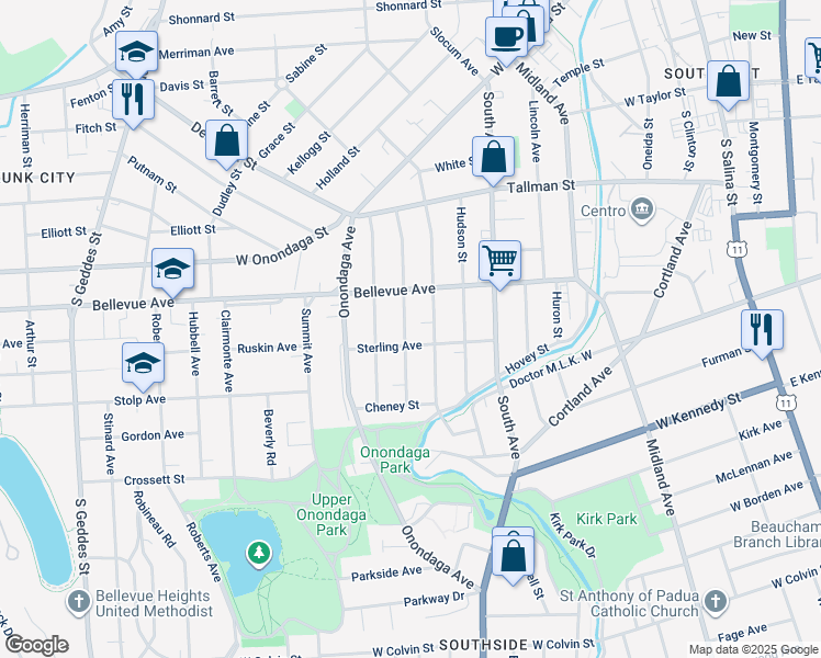 map of restaurants, bars, coffee shops, grocery stores, and more near 244 Palmer Avenue in Syracuse