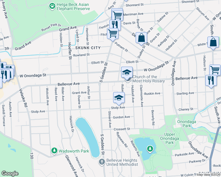 map of restaurants, bars, coffee shops, grocery stores, and more near 210 Grant Avenue in Syracuse