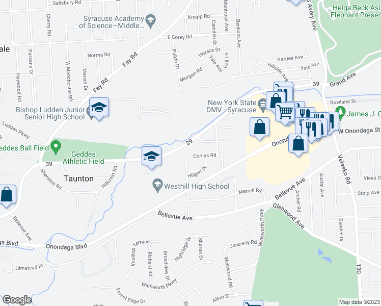 map of restaurants, bars, coffee shops, grocery stores, and more near 95 Corliss Road in Syracuse