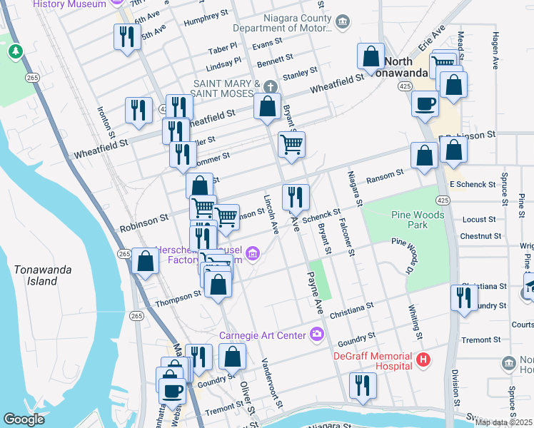map of restaurants, bars, coffee shops, grocery stores, and more near 177 Lincoln Avenue in North Tonawanda