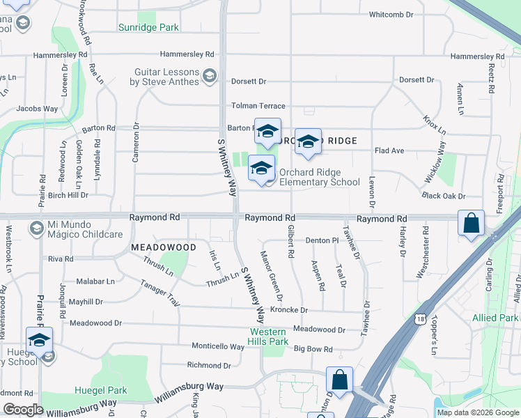 map of restaurants, bars, coffee shops, grocery stores, and more near 5514 Raymond Road in Madison