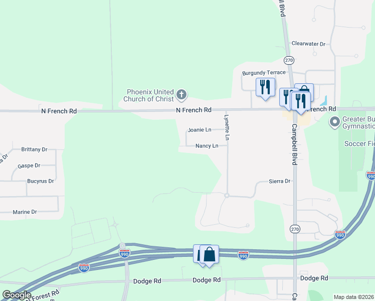 map of restaurants, bars, coffee shops, grocery stores, and more near 87 Nancy Lane in Buffalo