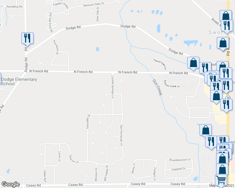 map of restaurants, bars, coffee shops, grocery stores, and more near Vicente Lane in East Amherst