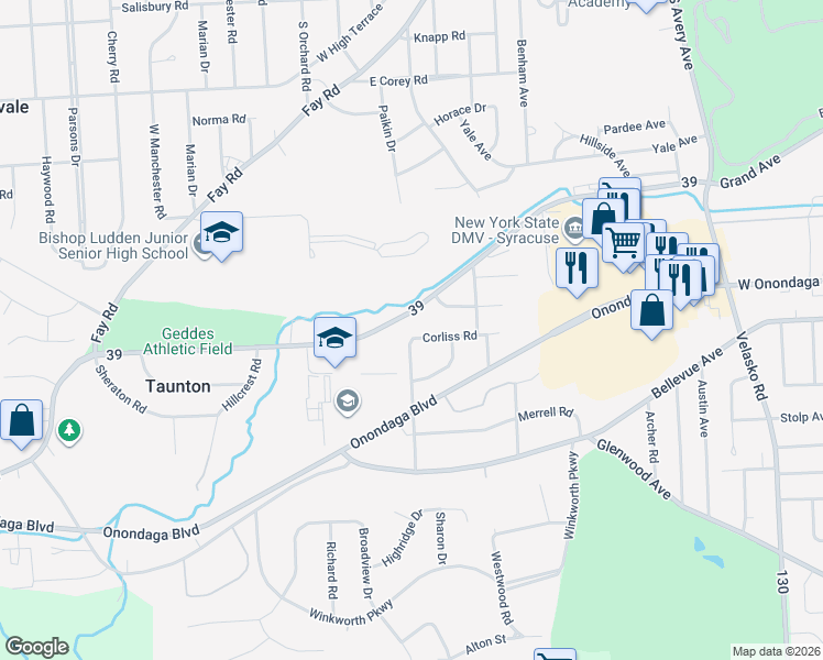 map of restaurants, bars, coffee shops, grocery stores, and more near 95 Corliss Road in Syracuse