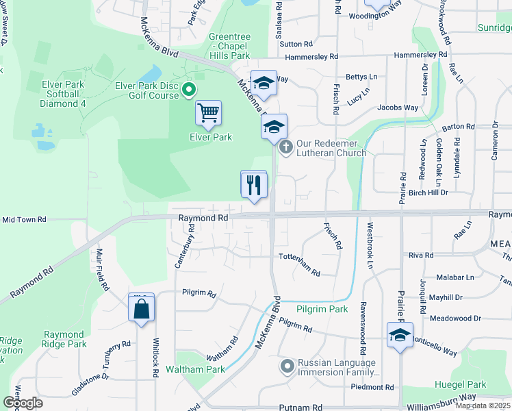 map of restaurants, bars, coffee shops, grocery stores, and more near 6708 Raymond Road in Madison