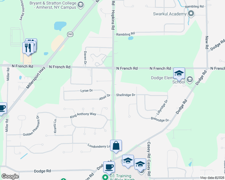 map of restaurants, bars, coffee shops, grocery stores, and more near 1916 Hopkins Road in Erie County