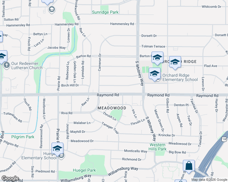 map of restaurants, bars, coffee shops, grocery stores, and more near 5806 Raymond Road in Madison