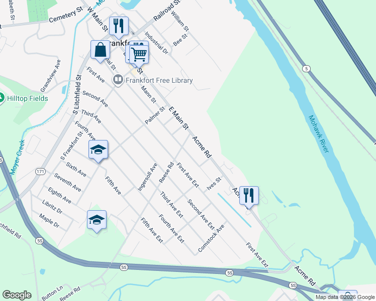 map of restaurants, bars, coffee shops, grocery stores, and more near 405 East Canal Street in Frankfort