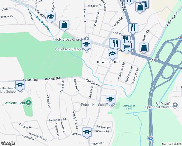 map of restaurants, bars, coffee shops, grocery stores, and more near 100 Lynbrook Circle in Syracuse
