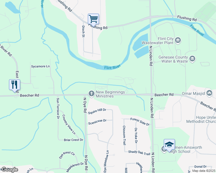 map of restaurants, bars, coffee shops, grocery stores, and more near 5500 Riverwood Drive in Flint