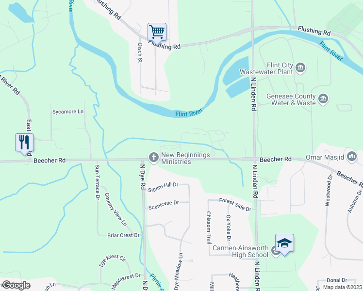map of restaurants, bars, coffee shops, grocery stores, and more near 5500 Riverwood Drive in Flint